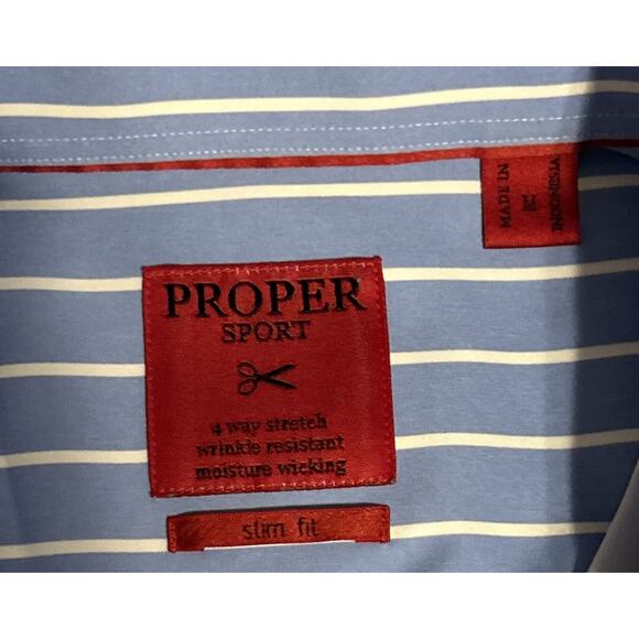 Proper Sport Men’s 4 Way Stretch Slim Fit Medium Blue/White Striped Dress Shirt - Picture 4 of 8